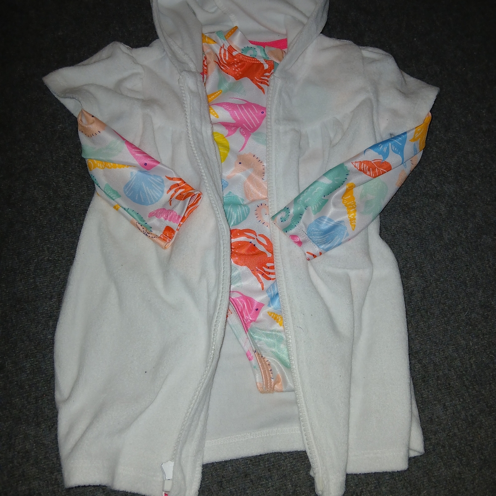 Kids White Hooded Swimsuit Cover with Colorful Sea Print Swimsuit 18 months
